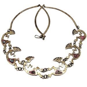 Vintage Mexican Alpaca Kokopelli Bib Necklace Pink & Blue Abalone Inlay 21"